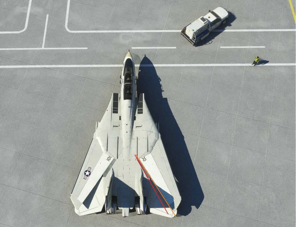 F-14 Tomcat nella tipica configurazione da parcheggio, le ali sono in posizione "oversweep".