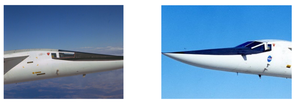 Le immagini del muso del XB-70 durante i due assetti di volo.