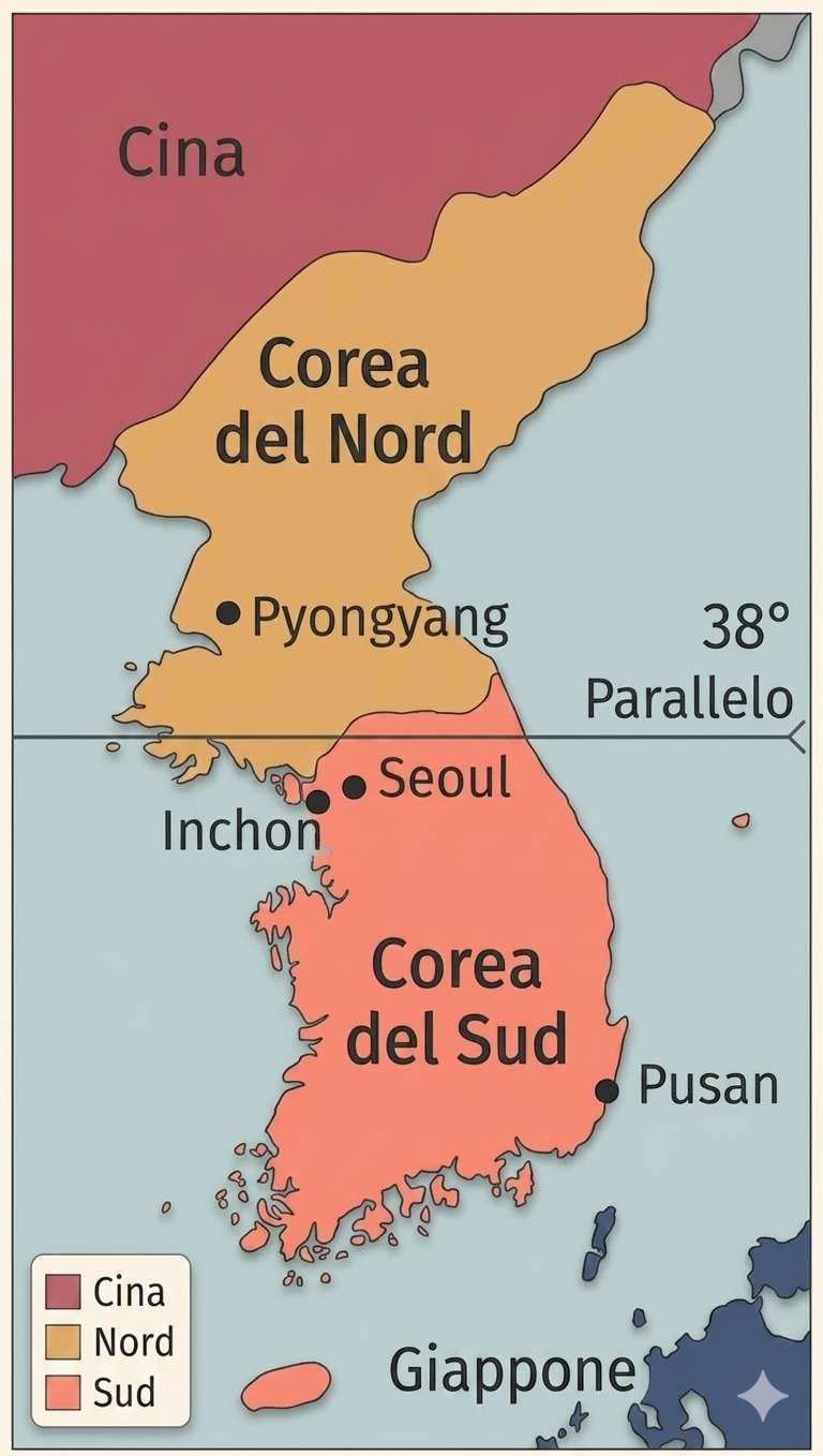 Mappa storica della penisola coreana divisa lungo il 38° parallelo durante la Guerra di Corea (1950-1953), con indicazione di Seul, Pyongyang, Incheon e Pusan.