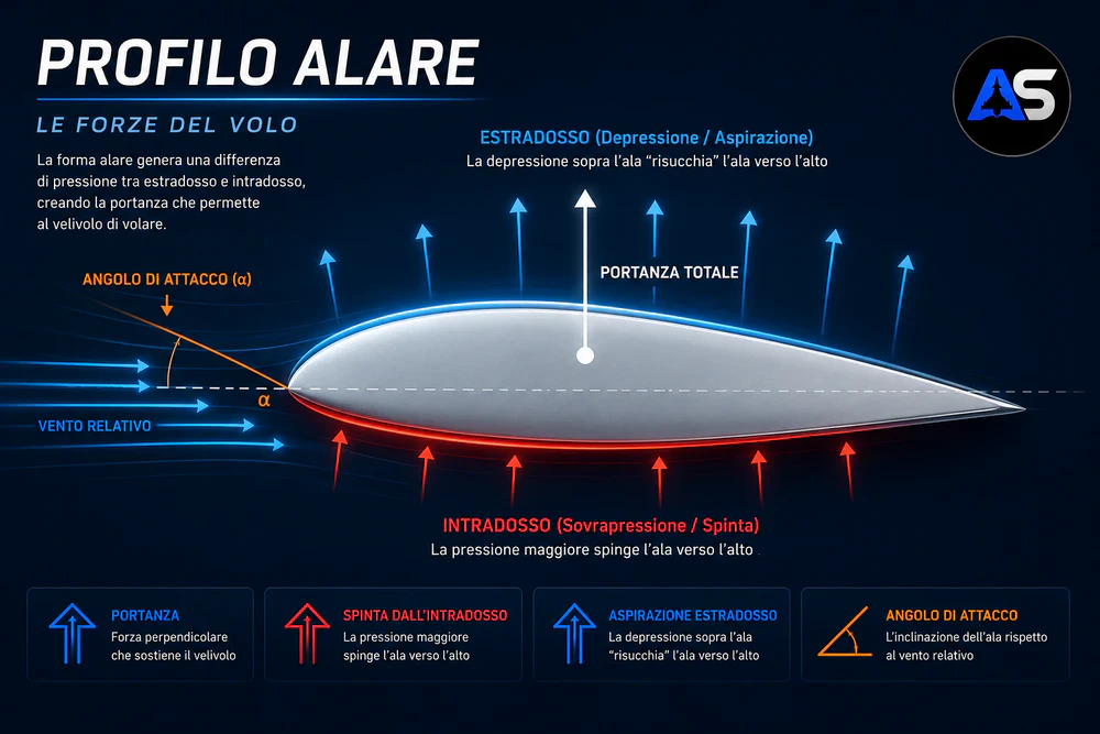 La grafica mostra l'azione delle forze aerodinamiche sul profilo alare e come la differenza di pressione genera la portanza.