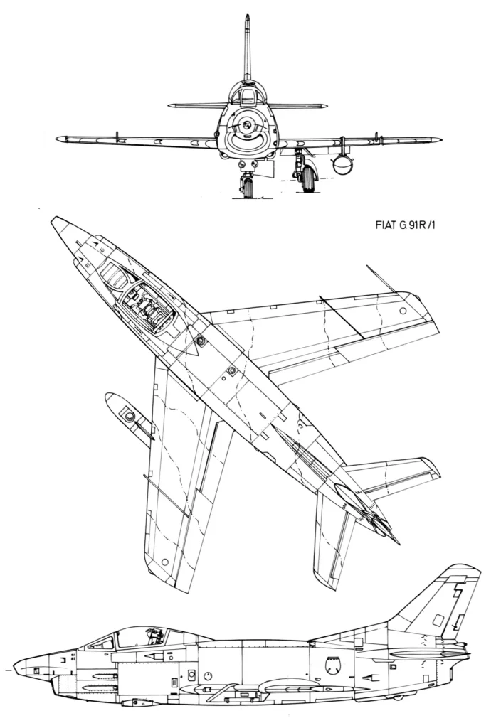 Disegno tecnico a tre viste del caccia tattico Fiat G.91R/1 con vista frontale, dall'alto e di profilo.