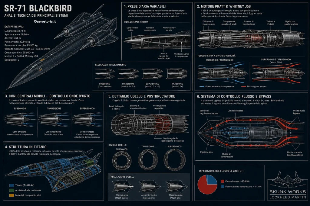 Analisi tecnica dei sistemi dell'SR-71 Blackbird. Tavola ingegneristica dedicata alle prese d'aria variabili, ai motori Pratt & Whitney J58 e alle soluzioni aerodinamiche sviluppate dallo Skunk Works. 