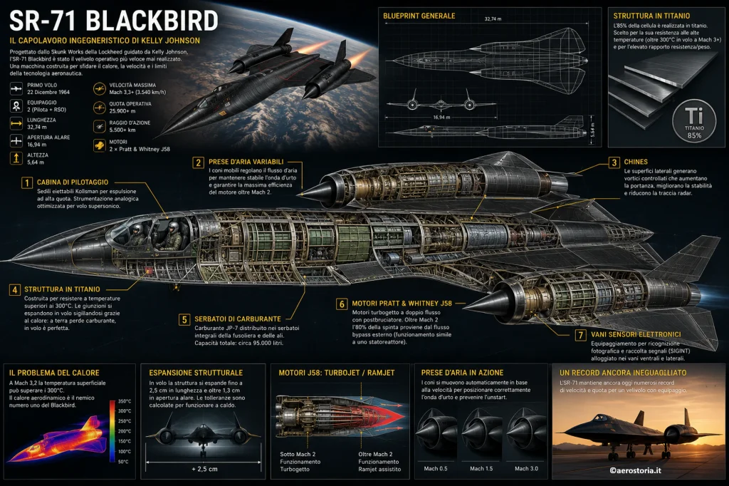Vista strutturale e disposizione dell'equipaggio. Sezione illustrata dell'SR-71 Blackbird che mostra la collocazione dei due membri dell'equipaggio all'interno della fusoliera e la distribuzione dei principali sistemi di bordo. Clicca sull'immagine per visualizzare i dettagli.