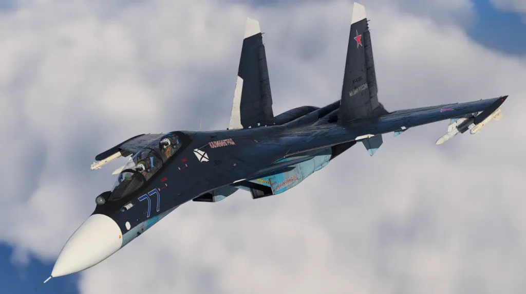 Un caccia multiruolo pesante Sukhoi Su-30SM (77 Blue / RF-81711 "Kaliningrad") dell'Aviazione Navale Russa in volo.Foto: Ministero della Difesa della Federazione Russa (Mil.ru)