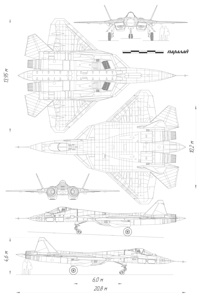 Disegno tecnico a tre viste del caccia di quinta generazione Sukhoi Su-57 (PAK FA). Illustrazione: Paralay Design Bureau