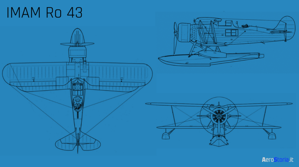 Schema tecnico a tre viste dell'idrovolante monomotore IMAM Ro.43 Grafica di AeroStoria - aerostoria.it.