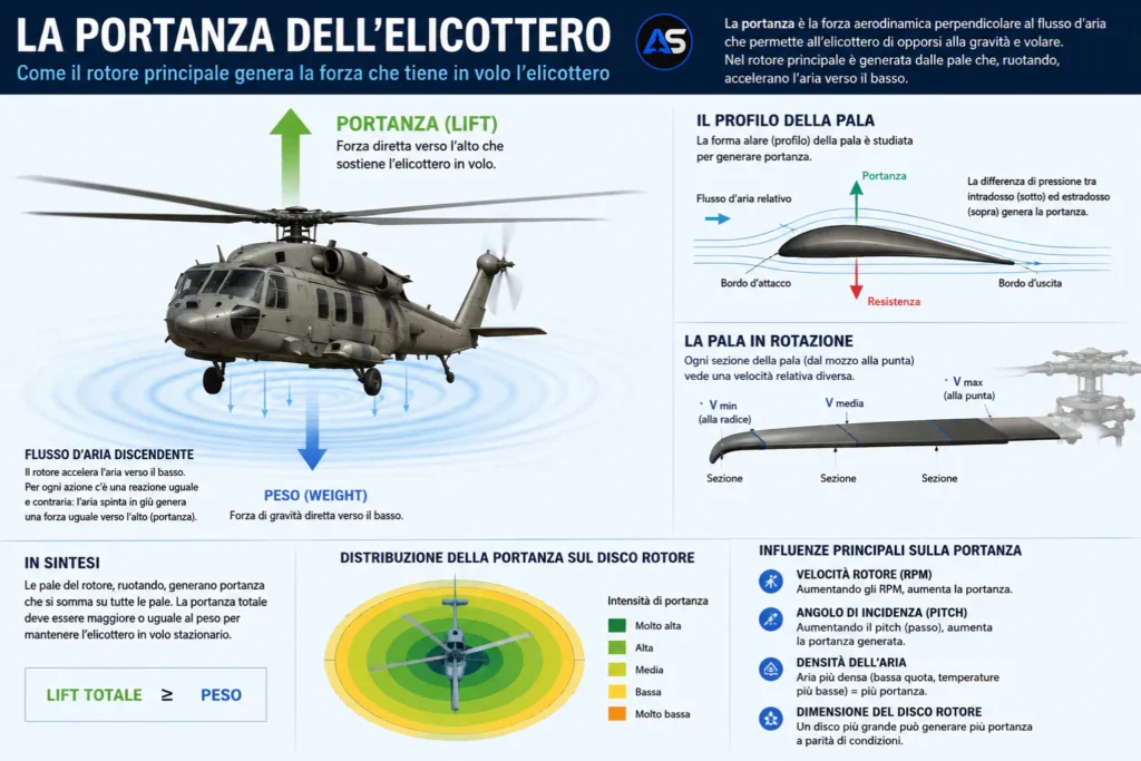 Schema della portanza in volo stazionario. Viene mostrato l'equilibrio vettoriale tra le forze di portanza e peso (Lift Totale ≥ Peso), la variazione della velocità relativa dell'aria lungo la pala (V_min alla radice e V_max alla punta) e la relativa distribuzione dell'intensità sul disco rotore. Vengono inoltre elencati i parametri di influenza: velocità del rotore (RPM), passo delle pale (pitch), densità dell'aria e dimensioni del disco. © aerostoria.it