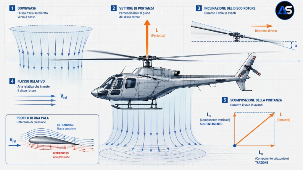 Analisi della fisica del rotore in volo avanzato. Viene illustrata la generazione della portanza tramite la differenza di pressione sul profilo alare (intradosso ed estradosso), l'effetto del downwash e la scomposizione della forza di portanza totale (L) nelle sue componenti fondamentali: il sostentamento verticale (Lᵥ) e la trazione orizzontale (Lₕ) necessaria per l'avanzamento. © aerostoria.it
