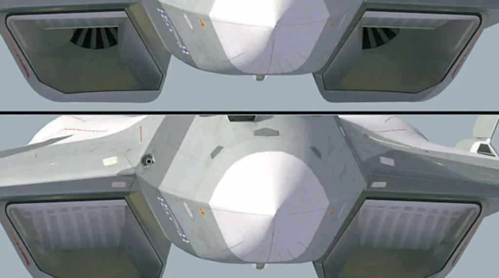Schema Sukhoi sul funzionamento dei condotti d'aspirazione del Su-57. Nel riquadro superiore il condotto è aperto per il massimo afflusso d’aria; in quello inferiore si attivano i deflettori mobili e i radar blockers in materiale assorbente (RAM) per schermare la ventola del motore dai radar nemici.Foto: Sukhoi Design Bureau / United Aircraft Corporation (UAC).
