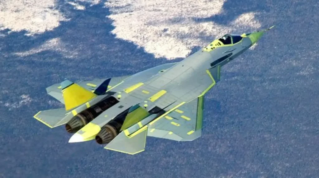 Il prototipo russo Sukhoi T-50-1 (Su-57) ripreso dall'alto durante un volo di prova nel 2010. Foto: Archivio Sukhoi OKB.