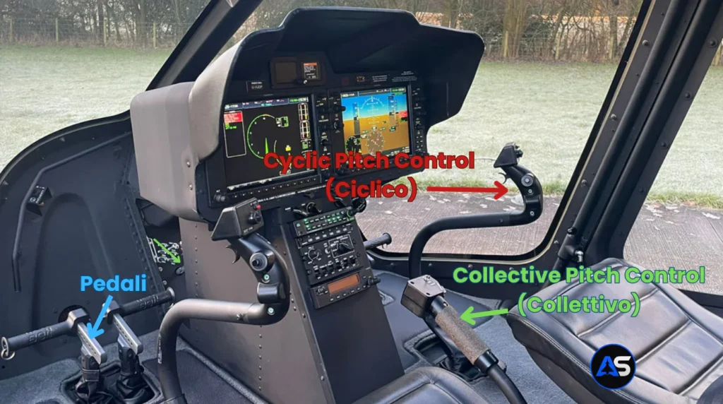 Comandi di volo principali (ciclico, collettivo e pedali) nella cabina di un Bell 505 Jet Ranger X.