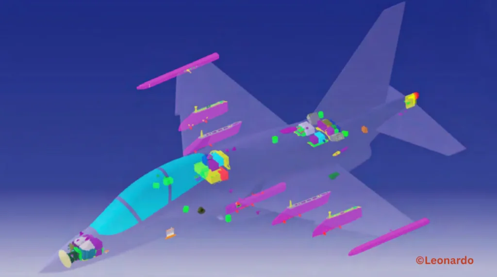 Modello tridimensionale dell'M-346 che evidenzia la configurazione dei piloni subalari. (Render: Leonardo)