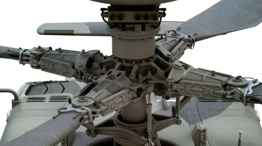 Dettaglio del rotore principale completamente articolato di un elicottero d'attacco Boeing AH-64 Apache. Foto: Crate Pros.