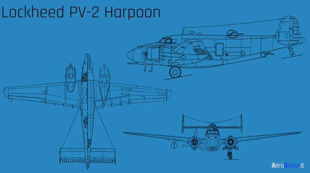 Schema tecnico a tre viste Lockheed PV-2 Harpoon. Grafica di AeroStoria - aerostoria.it.