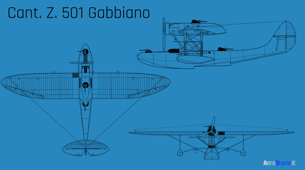 Schema tecnico a tre viste dell'idrovolante monomotore CRDA CANT Z.501 "Gabbiano". Grafica di AeroStoria - aerostoria.it.