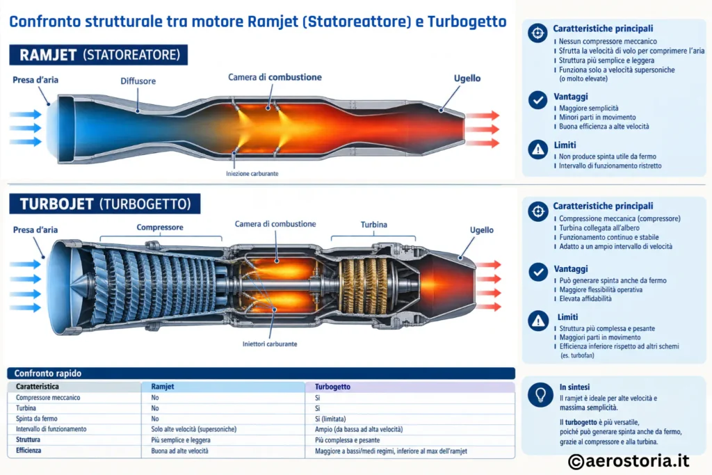 Schema tecnico a sezione di un motore Ramjet senza parti mobili e di un motore Turbogetto con compressore e turbina a palette, con tabelle comparative in italiano.