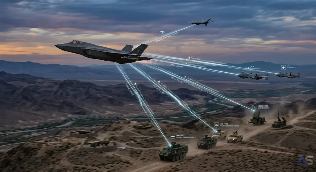 Infografica militare che mostra un caccia F-35 in volo collegato tramite fasci di dati digitali a satelliti, aerei alleati e veicoli tattici a terra.