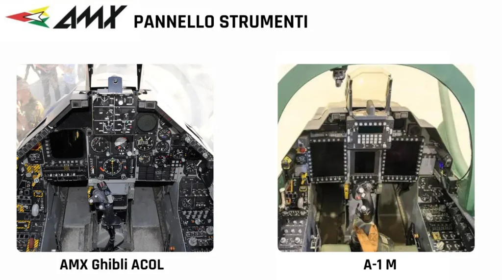Confronto visivo tra l'abitacolo dell'AMX Ghibli ACOL italiano con strumentazione mista analogico-digitale e il completo "Glass Cockpit" con tre display multifunzione dell'AMX A-1M brasiliano.