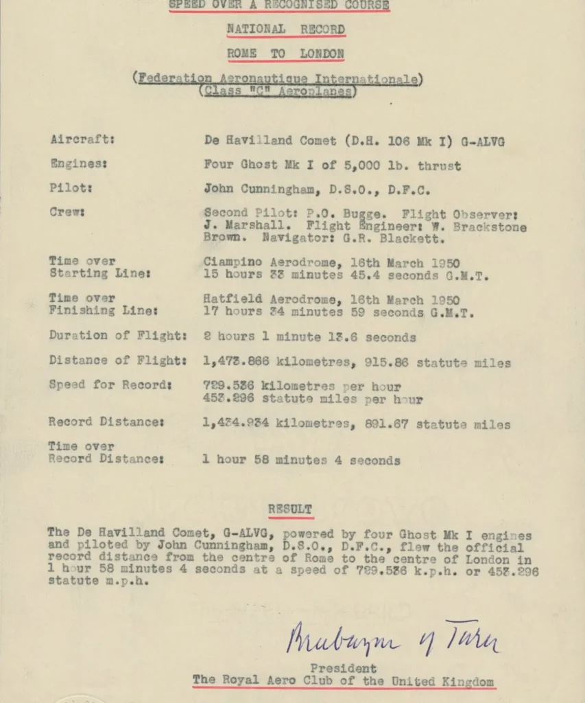 de Havilland DH.106 Comet 1 Record nazionale - Da Roma a Londra