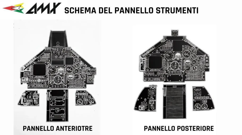 Schema tecnico generale del pannello strumenti del caccia AMX: a sinistra la configurazione del pannello anteriore (standard anche per il monoposto) e a destra il pannello posteriore per la variante biposto.