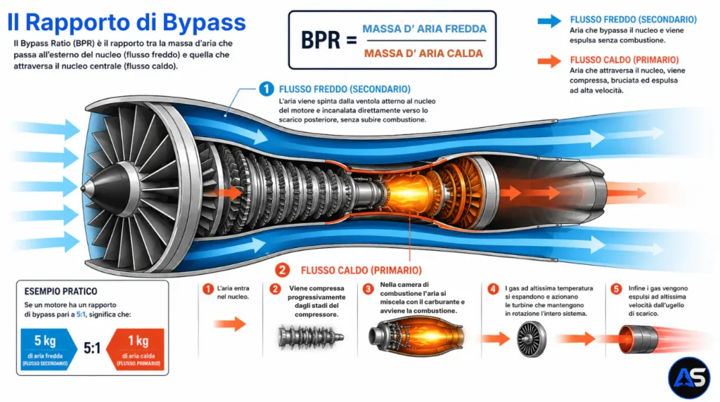 Schema esplicativo del rapporto di bypass (BPR) in un motore turbofan.