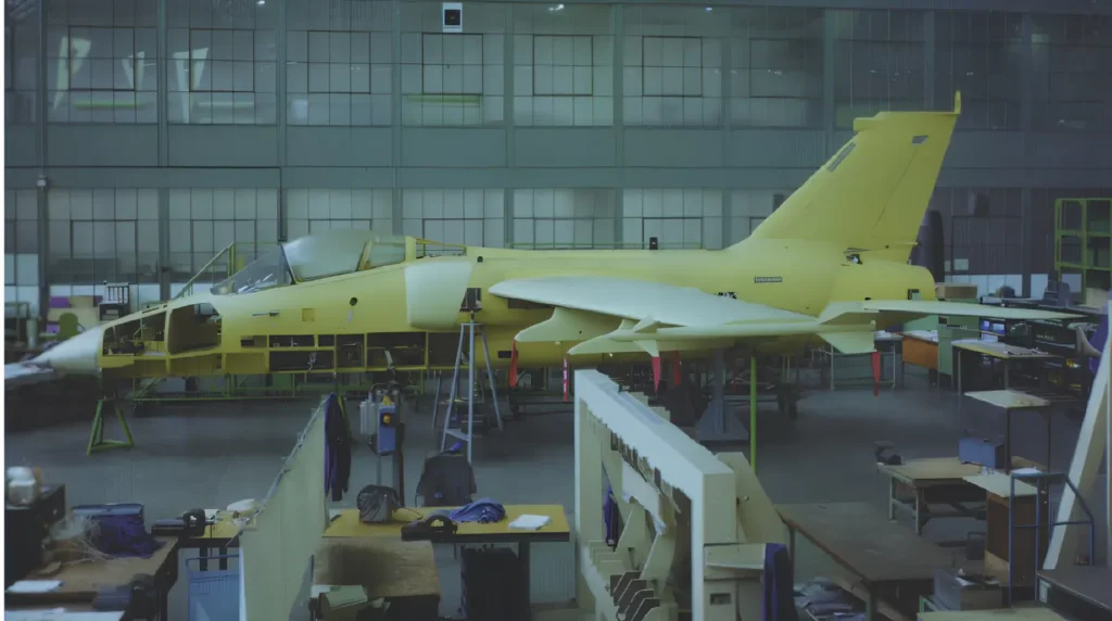 Primo simulacro completo metallico dell'AMX presso lo stabilimento di Aeritalia a Torino in Corso Marche (1982)