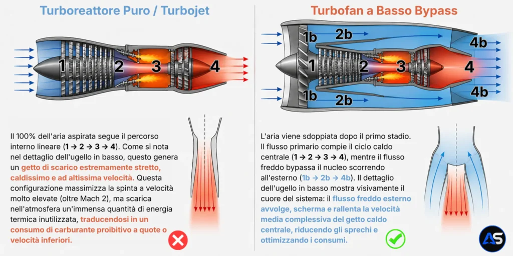 Confronto termodinamico e fluidodinamico tra Turboreattore Puro (sinistra) e Turbofan (destra). ©aerostoria.it