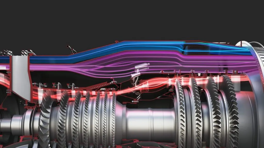 Schema fluidodinamico ufficiale del motore a ciclo variabile GE XA100. Sezione trasversale del propulsore che evidenzia l'architettura a tre flussi indipendenti: il nucleo caldo ad alta pressione (linea rossa), il flusso di bypass convenzionale (linea viola) e il condotto flessibile del terzo flusso adattivo (linea blu). L'apertura e la chiusura automatica di questi canali permette al motore di comportarsi come un reattore civile nei trasferimenti o come un intercettore puro in combattimento.