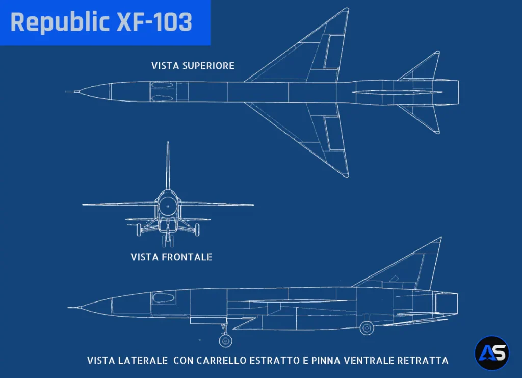 Disegno tecnico in stile blueprint del caccia Republic XF-103 con vista superiore, vista frontale e vista laterale con carrello d'atterraggio estratto e pinna ventrale retratta.