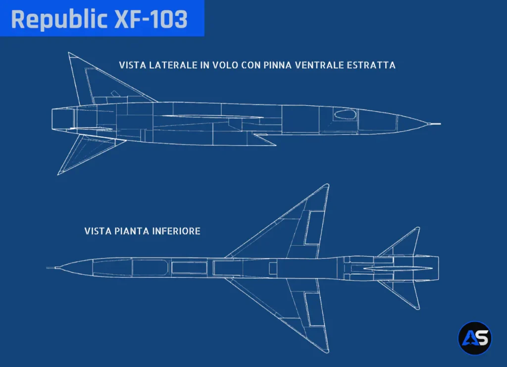 Disegno tecnico in stile blueprint del Republic XF-103 con profilo laterale in volo con pinna ventrale stabilizzatrice estratta e vista in pianta inferiore.