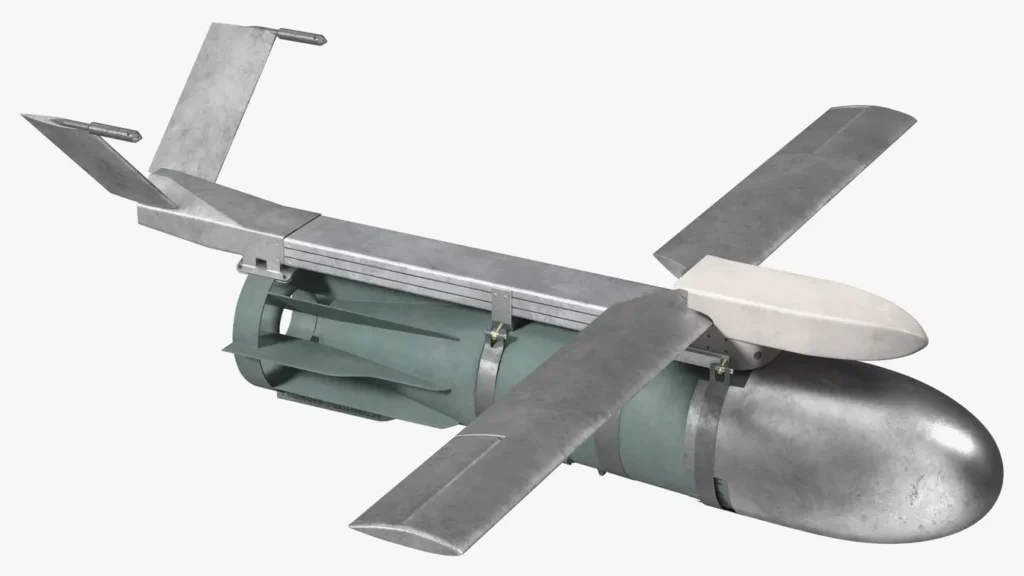 Modello 3D del modulo alare di conversione UMPK montato su bomba FAB-1500 con ali spiegate.