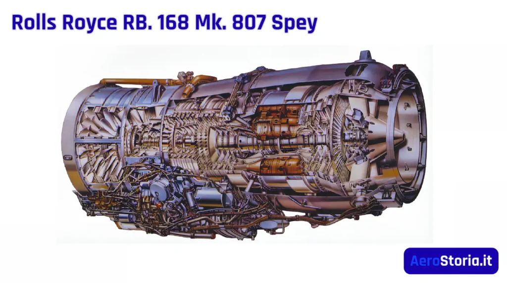 Spaccato tecnico illustrato del motore turboventola Rolls Royce RB 168 Mk 807 Spey utilizzato sul caccia italo brasiliano AMX Ghibli.