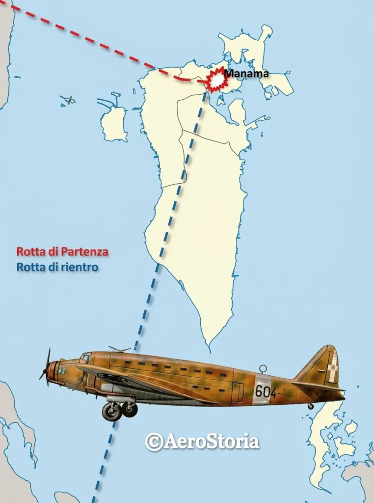 Mappa della Posizione di Manama e rotta di rientro degli S.M.82 di Muti.