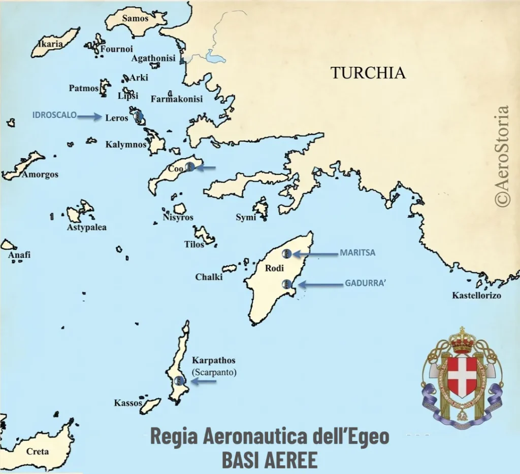 Mappa delle basi aeree della Regia Aeronautica dell'Egeo.
