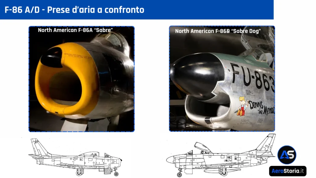Il confronto tra le prese d'aria del F-86A Sabre e dell'F-86D Sabre Dog-
